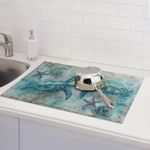 Sea Turtles Dish Drying Mat for Kitchen Counter Microfiber Super Absorbent Non-Slip Dish Drying Pad for Countertops Dishes Utensils Stylish Quick-Dry Machine Washable 18x24 Inch - color: Sea Turtles