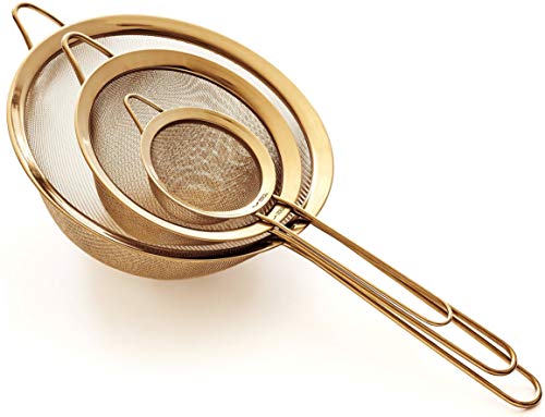 Strainer Set Fine Mesh – Premium 304 Stainless Steel (18/8) – 8″, 5.5″ and 3.3″ Sturdy Kitchen Strainers (Gold) - color: Gold