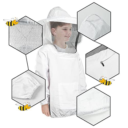 Luwint Kids Beekeeping Jacket and Gloves, Ventilated Veil Bee Suit for Kids Protective Pull Over Beekeeper Jacket with Goatskin Beekeeping Gloves for Kids (3'8''-4'4'' Height) - style: 3'8''-4'4'' Height/White
