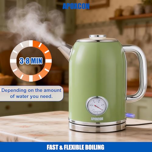 APOXCON Retro Electric Kettle with Thermometer, 1.8L Stainless Steel Tea Kettle, Fast Boiling Water Kettle with Auto Shut Off, BPA-Free, Green - color: Green