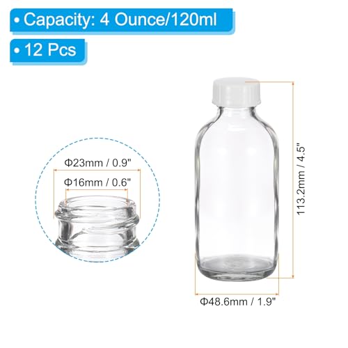 PATIKIL 4oz(120ml) Glass Sample Bottles, 12Pcs Round Bottle Dispensing Bottles with White Poly Cone Cap for Reagent Liquids, Juice, Perfume Hot Sauce Ginger Shots, Transparent - color: Clear,White, size: 4 oz