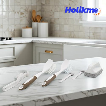 Holikme Cleaning Brush Set, Scouring Pad for Cleaning, Groove Gap Brushes for Pot, Pan, Kitchen Sink, Wire Brushes (Brown) - color: Brown