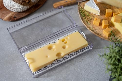 Pikanty Cheese Container for Refrigerator with Removable Tray - Clear Plastic Keeper for Block, Sliced, and Specialty Cheeses, Fits Fridge Door, Hinged Lid, Dishwasher Safe, Made in USA - style: Cheese Storage Container