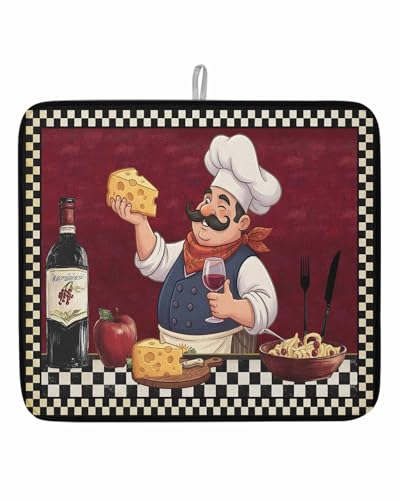Dish Drying Mat for Kitchen Counter Kitchen Chef Drying Pad Absorbent Drying Mats for Countertops Sinks Draining Racks Red Wine Cheese Bistro Buffalo Plaid Drainer Kitchen Decor 16x18 Inch - color: Red