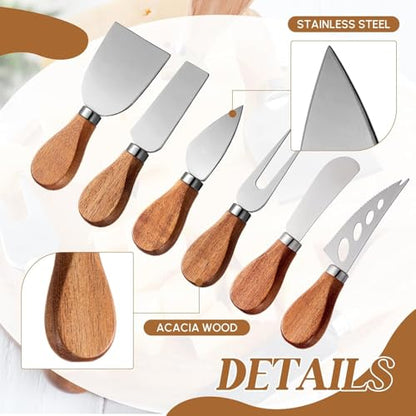 Cheese Knives 6 Set with Wooden Handle, Mini Steel Stainless Cheese knife set for Charcuterie and Cheese spread Mini Serving Tongs Spoons Forks Toothpick Flags for party Wedding Christmas - color: Wood