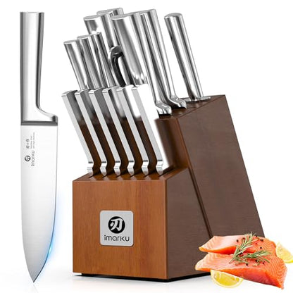 imarku 15-Piece Knife Block Set Built-in Sharpener, Japanese High Carbon Stainless Steel Kitchen Knife Set, Dishwasher Safe, Chef Knife Set with Wooden Knife Block, Santoku Knives for Kitchen Cooking - color: Brown