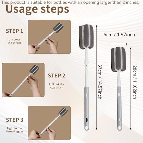 Sponge Bottle Brush Adjustable Long Handle Up to 14.5” 2-Pack | 14.5" Adjustable Long Handle; Dual-Action Scouring Pad & Sponge Head; Ultra-Powerful Cleaning; Wall Hanging with 4 Hooks
