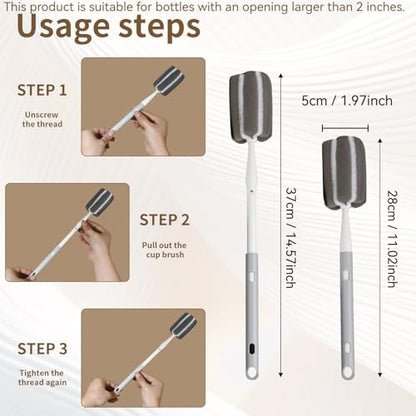 Sponge Bottle Brush Adjustable Long Handle Up to 14.5” 2-Pack | 14.5" Adjustable Long Handle; Dual-Action Scouring Pad & Sponge Head; Ultra-Powerful Cleaning; Wall Hanging with 4 Hooks