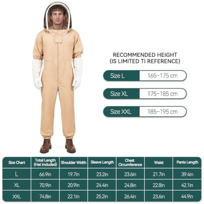 Bee Suit for Men Women, Full Body Sting Proof Beekeeping Suit | Detachable Protective Round Veil & Gloves, Size XL Fits 5'9''-6'1'', Ideal for Apiary Backyard Beekeeping Beginners, Beige - size: XL
