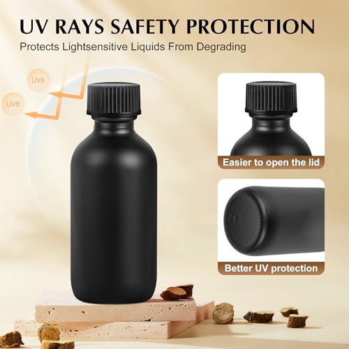 Small Glass Bottles with Lids Boston Round Shot Bottles for Health, Immunity, Ginger Juice, Essential Oils, Potion - Leak Proof Mini Travel Containers (Black Frosted, 2oz-48Pack) - color: Black Frosted, size: 2oz-48Pack