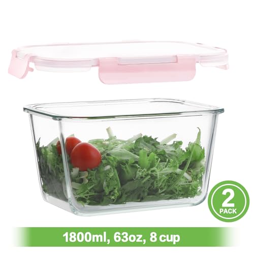HOMBERKING 4 Pieces 63oz/8cup Large Glass Food Storage Containers with Lids, Meal Prep Containers, Airtight Bento Boxes with Leak Proof Locking (2 Containers + 2 Lids), Microwave, Oven Safe-Pink - color: Pink, size: 2 Sets
