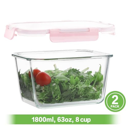 HOMBERKING 4 Pieces 63oz/8cup Large Glass Food Storage Containers with Lids, Meal Prep Containers, Airtight Bento Boxes with Leak Proof Locking (2 Containers + 2 Lids), Microwave, Oven Safe-Pink - color: Pink, size: 2 Sets