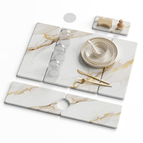 3 PCS Large Stone Dish Drying Mat for Kitchen Counter -24"x16" Absorbent Diatomaceous Earth Mat with Stone Faucet Mat & Soap Tray - Quick Dry, Collapsible, Non-Slip Countertop Organizer - color: gold Marble