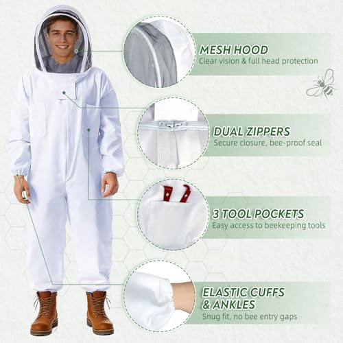 POLLIBEE 35Pcs Beekeeping Supplies Starter Kit with Bee Suit,Smoker & Frame Holder, Complete Bee Hive Tools Set with Oxford Bag for Beginner Beekeepers Men Women (XXL)