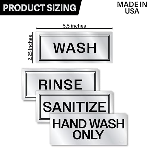 Metallic Wash Rinse Sanitize Sink Labels for 3 Compartment Sinks, Made in USA, 5.5x2.25 Handwash Only Sign Wash Rinse Sanitize Sink Stickers, Commercial Kitchen Labels Restaurant Bussing Station Sign