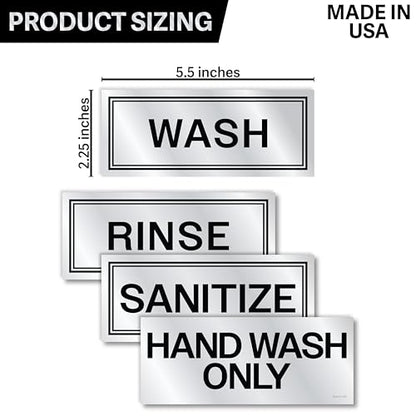 Metallic Wash Rinse Sanitize Sink Labels for 3 Compartment Sinks, Made in USA, 5.5x2.25 Handwash Only Sign Wash Rinse Sanitize Sink Stickers, Commercial Kitchen Labels Restaurant Bussing Station Sign