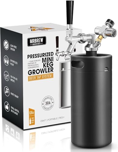 MRbrew 128oz Black Mini Keg Growler Portable Draft Beer Dispenser System Pressurized Stainless Steel Beer Growler Tap System Home Mini Kegerator, with Professional Beer Tap and CO2 Regulator