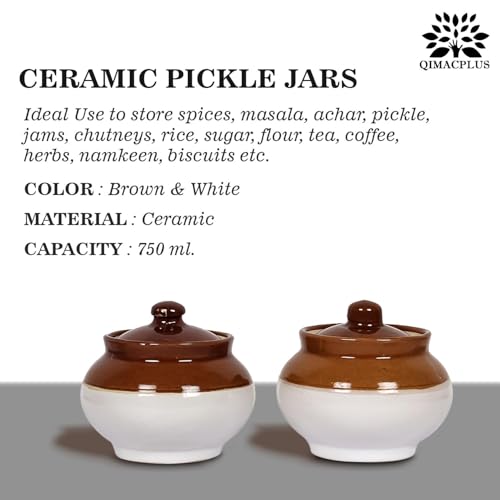 Qimacplus Ceramic Handi Pickle Jar| Food Storage Jar | Multipurpose Jar | Lota Jar For kitchine and Dinning table 500 ML set of 2