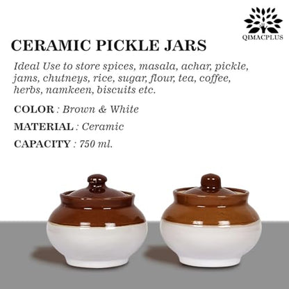 Qimacplus Ceramic Handi Pickle Jar| Food Storage Jar | Multipurpose Jar | Lota Jar For kitchine and Dinning table 500 ML set of 2