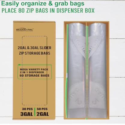 BEIDOU-PAC Combo Large Slider Storage Bags 80 Count, 2 Gallon & 3 Gallon Resealable Variety Pack With Organizer, Reclosable Clear Plastic Bags (Variety Pack) - style: Slider-2 in 1 dispenser