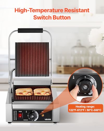VEVOR Commercial Panini Grill, 1800W Electric Sandwich Panini Maker, Stainless Steel Sandwichs Press Grill with Handle and Temp Control, 8.8x9 in Full Grooved Enamel Plate for Hamburger Steak Bacon