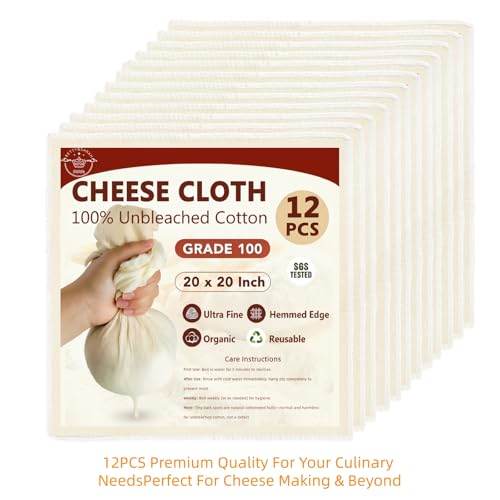 BETTY&SARAH 12 Pack Grade 100 Cheese Cloths, 20x20 Inch Unbleached Cotton | Reusable food grade cotton, hemmed 4 edges, ultra fine mesh for nut milk, yogurt, cheese making, juicing & baking - size: 12 Pack