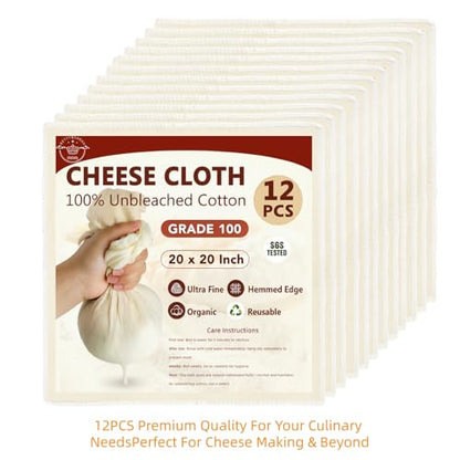 BETTY&SARAH 12 Pack Grade 100 Cheese Cloths, 20x20 Inch Unbleached Cotton | Reusable food grade cotton, hemmed 4 edges, ultra fine mesh for nut milk, yogurt, cheese making, juicing & baking - size: 12 Pack