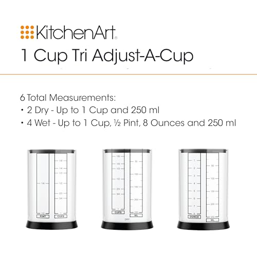 KitchenArt 1 Cup Tri Adjust A-Cup, Easy Pour Adjustable Measuring Cup | No Mess Measuring & Pouring | Includes Measurment Conversions | Measures 1/8 Cup to 1 Cup | Works With Dry & Wet Ingredients - size: 1 Cup