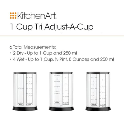 KitchenArt 1 Cup Tri Adjust A-Cup, Easy Pour Adjustable Measuring Cup | No Mess Measuring & Pouring | Includes Measurment Conversions | Measures 1/8 Cup to 1 Cup | Works With Dry & Wet Ingredients - size: 1 Cup