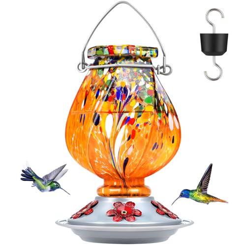 BOLITE Hummingbird Feeder, Hand Blown Glass Hummingbird Feeders for Outdoors Hanging with Ant Moat, 5 Bee-Proof Ports, Leak-Proof, 360° Perch, 22oz, Orange, Gifts for Women Men, Gifts for Mom Dad - color: Orange