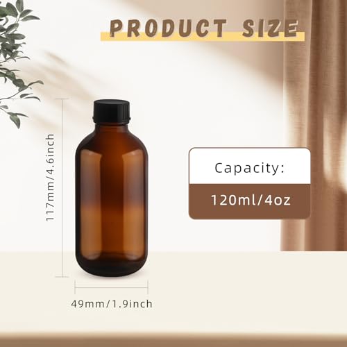 4 Pcs 120ml/4oz Amber Glass Bottles Boston Round Bottle Empty Sample Container with Black Cap for Essential Oil Perfume Liquid