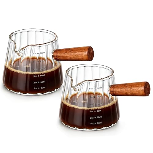 6 oz Espresso Cups - Glass Measuring Cups with Spout - Ribbed Small Creamer Pitcher- Expresso Shots Cup with Wood Handle for Coffee Milk, Dishwasher Safe (Transparent, 2 pack) - color: Transparent, size: 2 pack