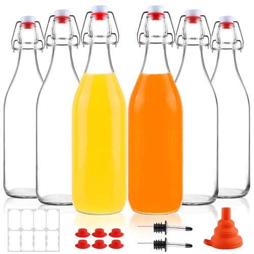 6 Pack 1 Liter Swing Top Glass Bottles, 33oz Flip Top Brewing Bottles with Airtight Stopper for Vanilla Extract, Kombucha, Beer, Kefir, Mead - size: 33oz