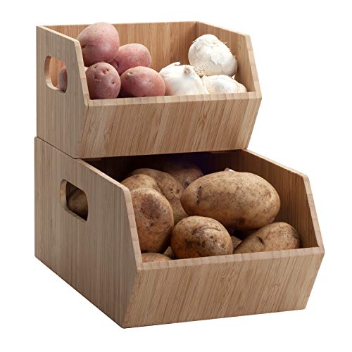 MobileVision Bamboo Storage Bins for Pantry & Kitchen Cabinet Organizer Multi-Purpose 2 PC Stackable Set for Canned Goods, Vegetables, Pouches, Boxed Meals & more - size: Set (2 PC): 12" x 7" x 5"