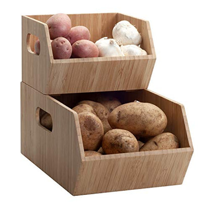 MobileVision Bamboo Storage Bins for Pantry & Kitchen Cabinet Organizer Multi-Purpose 2 PC Stackable Set for Canned Goods, Vegetables, Pouches, Boxed Meals & more - size: Set (2 PC): 12" x 7" x 5"