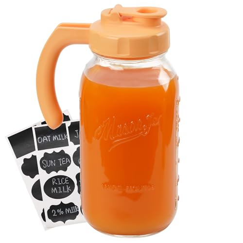 Soligt Glass Mason Jar Pitcher with Lid, Wide Mouth Flip Cap Pour Spout Leak-proof Lid with Handle, 64 oz (2 Quart / 1.9 Liter), for Iced Coffee/Sun Tea Juice/Cold Brew Coffee (1Pack, Carrot Orange) - color: Carrot Orange