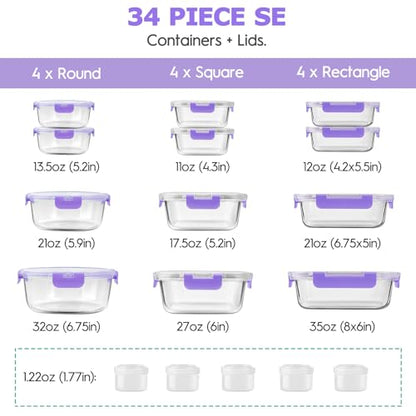 34pcs Glass Food Storage Containers with Lids Set, Airtight Glass Meal Prep Containers (17 Containers & 17 Lids), Leak Proof Lunch Container BPA-Free, Microwave, Oven, Freezer, Dishwasher Safe-Purple - color: PURPLE