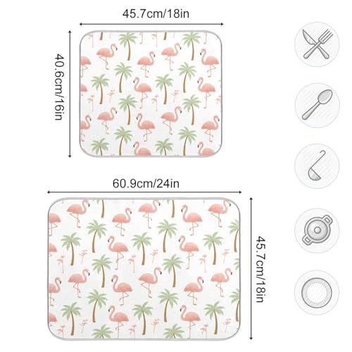 Tropical Flamingo Palm Tree Dish Drying Mat for Kitchen Counter Super Absorbent Draining Mat with Non-slip Backed Dish Rack Pad for Dish Bottles Cups Bowl Sinks Countertops Draining Racks