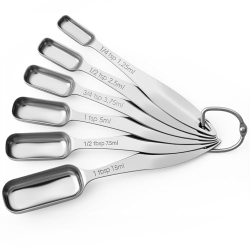 FANGSUN Stainless Steel Narrow Measuring Spoons, Metal Measuring Spoons with Long Handle and Engraved Measurements Set of 6, For Dry or Liquid, Fits in Spice Jar - style: Spoons - Set of 6