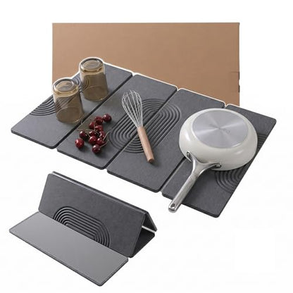 Large Stone Dish Drying Mat for Kitchen Counter,Collapsable Stone Dish Drying Mat with Diatomaceous Earth for Quick Drying-Ultra Absorbent-Eco-Friendly,Foldable-23.6"×15.7" Dark Gray Curved Grooves - color: HXTY-Dark Grey