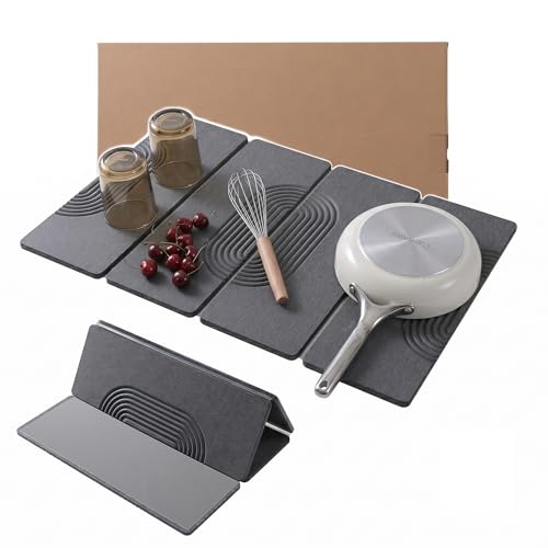 Large Stone Dish Drying Mat for Kitchen Counter,Collapsable Stone Dish Drying Mat with Diatomaceous Earth for Quick Drying-Ultra Absorbent-Eco-Friendly,Foldable-23.6"×15.7" Dark Gray Curved Grooves - color: HXTY-Dark Grey