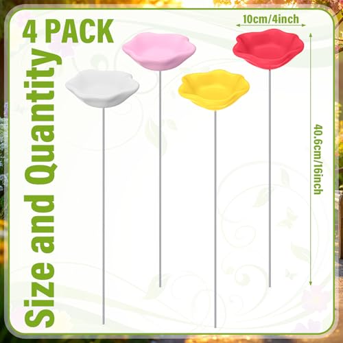 4 Pack Resin Bee Watering Station for Butterfly Garden Cups Bath Bee Feeders for Thirsty Pollinators Outdoor Garden Yard Stakes Decor Flower Design Plastic Free Attracting Glaze(Stylish) - style: Stylish