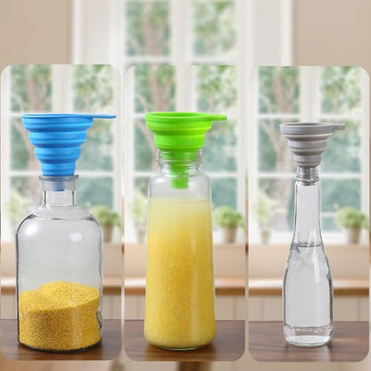 6 Pack Silicone Collapsible Funnels for Kitchen Use Filling Bottles, 3 Small and 3 Large Food Grade Kitchen Funnel Set for Filling Water, Oil, Spices, Powder – Silicone Funnels with Hook for Storage