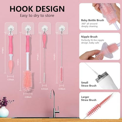 Silicone Bottle Brush Set, Baby Bottle Cleaning Kit with Silicone Brush, Nipple & Straw Brush - BPA-Free Dishwasher Safe Portable Bottle Cleaner - color: Pink