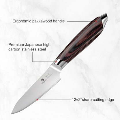 imarku Paring Knife 3.75 Inch, Japanese High Carbon Stainless Steel Fruit Knife, Ultra Sharp Small Kitchen Knife for Peeling Fruits Cutting Veggies, Ergonomic Pakkawood Handle - color: reddish-brown