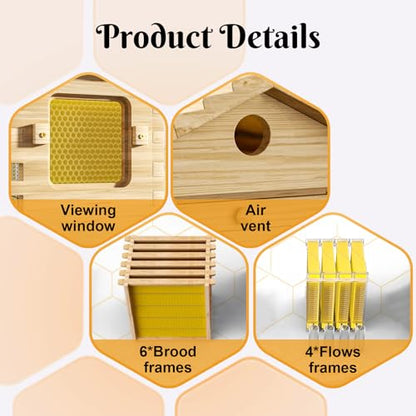 Bee Hive,Auto-Harvest Honey Beehive Wooden Box,Auto Bee Hives Boxes Starter kit with with Observation Chamber,Beehives and Supplies Starter Kit for Beekeepers