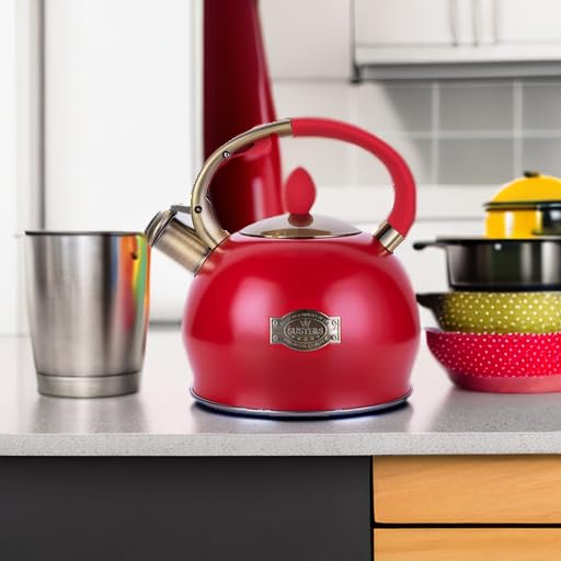 SUSTEAS Stove Top Whistling Tea Kettle - Food Grade Stainless Steel Teakettle Teapot with Cool Touch Ergonomic Handle, With 1 Silicone Pinch Mitt Included, 2.64 Quart(RED) - color: Red