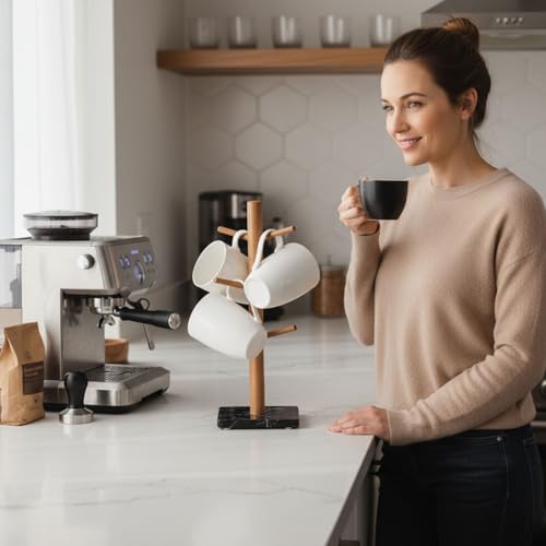 Buruis Wood Mug Holder, Marble Base Cup Rack Tree, Kitchen Coffee Mug Tree Countertop Tea Cups Holder Stand, Coffee Cup Dryer with 6 Hooks (Black) - color: Square base Black