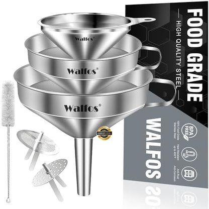 Stainless Steel Funnel, Walfos 3 Different Sizes of Kitchen funnels with 2 Removable Strainer ＆ 1Pcs Cleaning Brush, for Transferring of Liquid, Oils, Jam, Powder - color: 3pcs 5in+4in+3in
