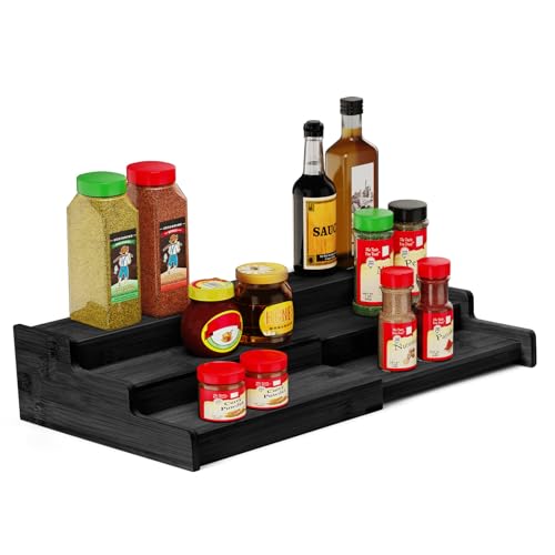 VenDotbi Spice Rack, 3-Tier Expandable Bamboo Spice Rack Organizer for Cabinet - Kitchen, Pantry and Cupboard Storage Organizer-Black - color: Black